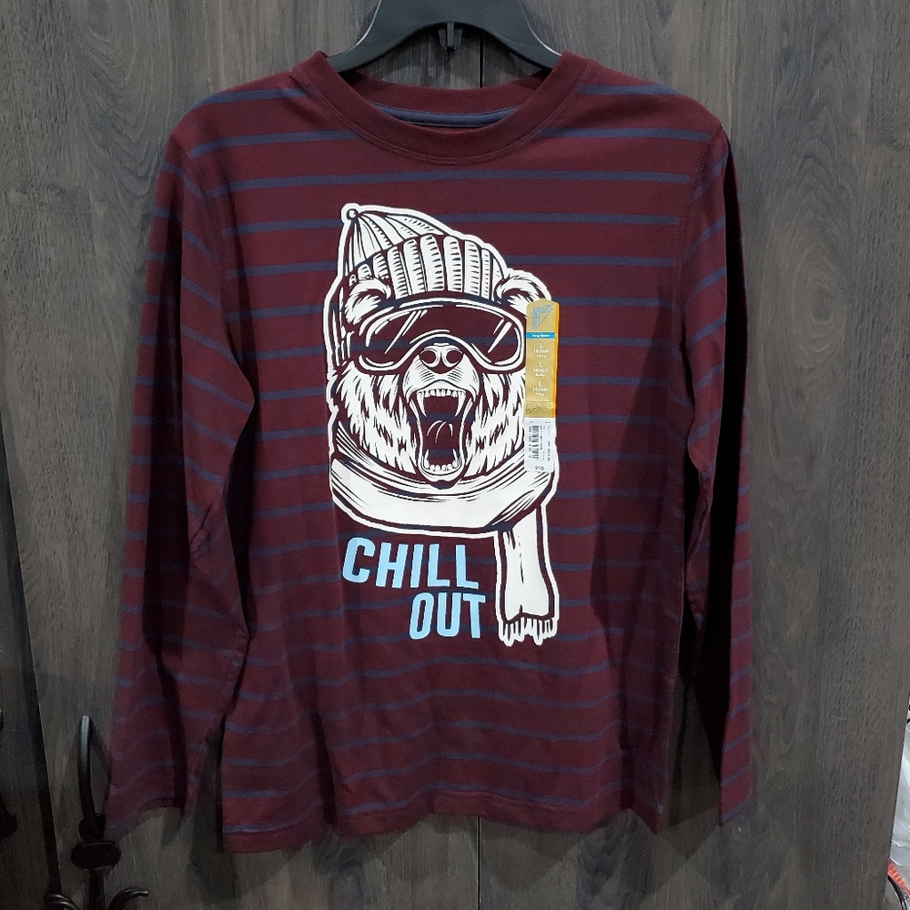 There Abouts Boys Graphic Long Sleeve T-SHIRT Size L 14/16 Husky Tee Burgundy